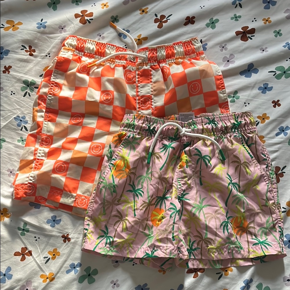 Colorful Checkered and Palm Tree Swim Shorts